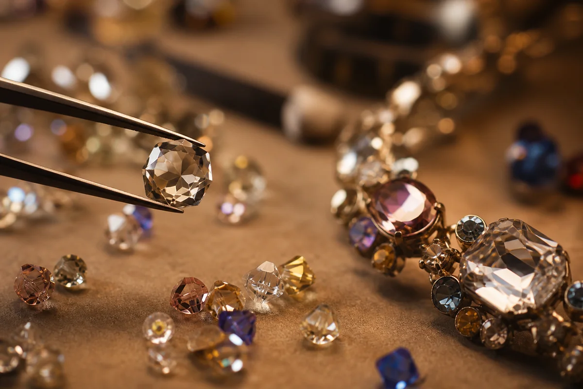 Close-up of faceted Austrian crystals in a jewelry workshop setting