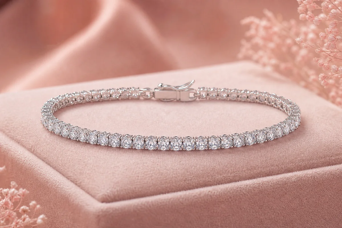 Crystal tennis bracelet on blush velvet jewelry display