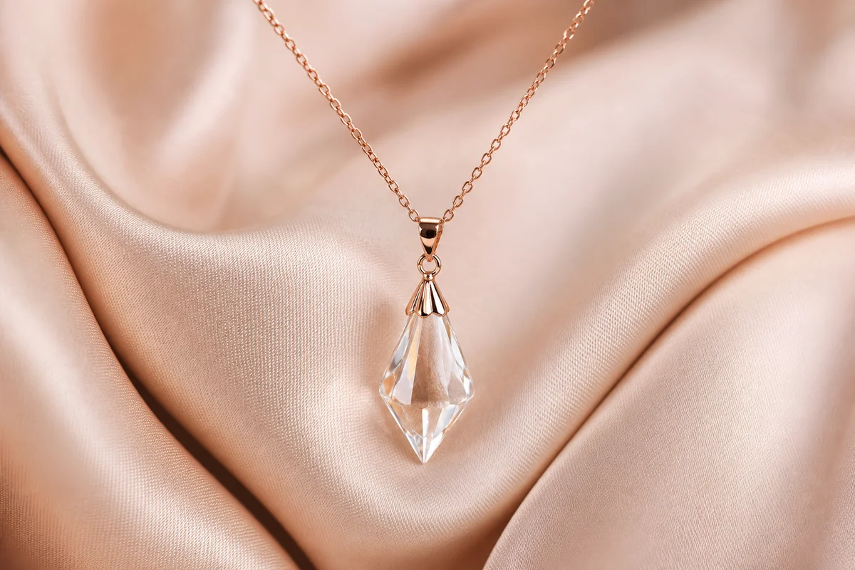 Crystal pendant necklace on rose gold chain against silk fabric