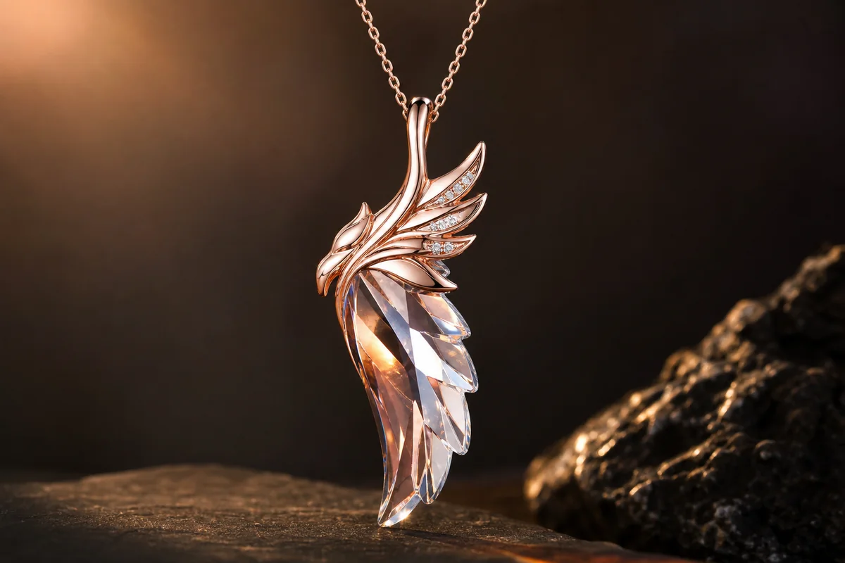 Phoenix wing crystal pendant necklace with rose gold details