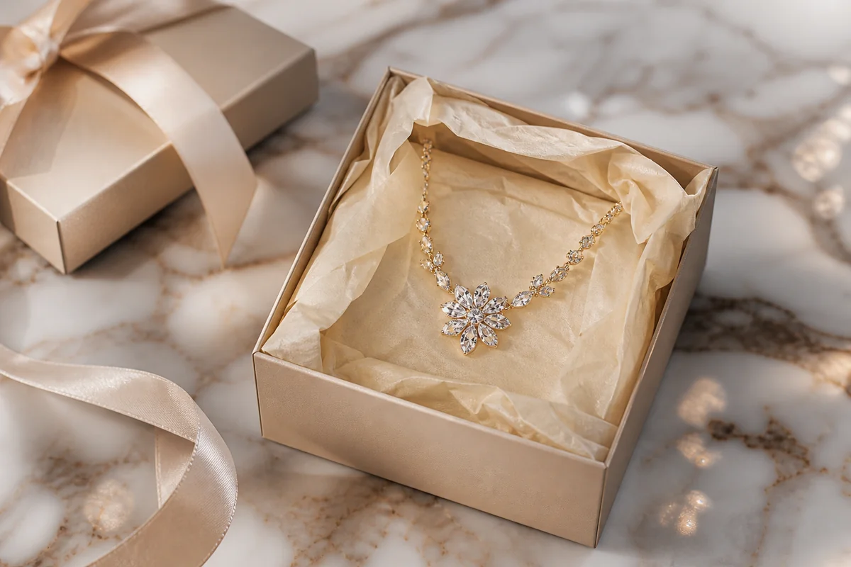 Gift box with crystal jewelry and tissue wrapping on marble surface