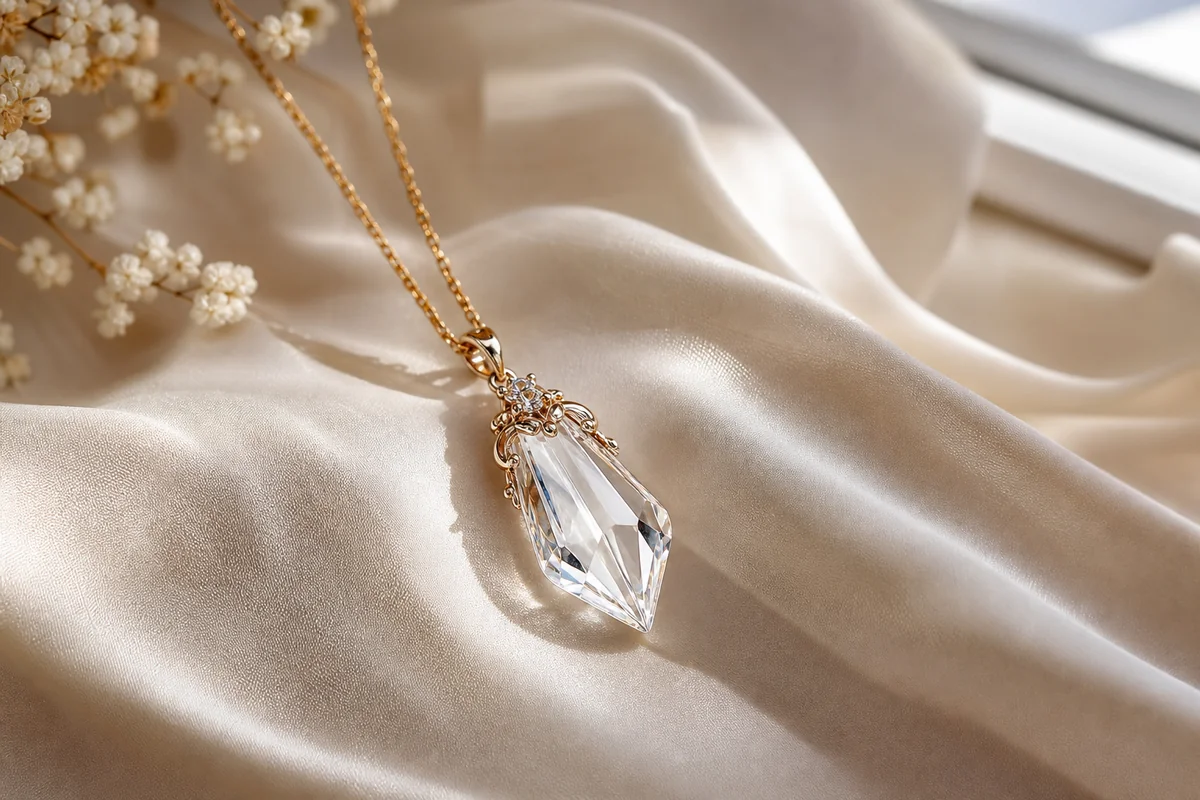 Woman wearing a crystal pendant necklace in soft natural light